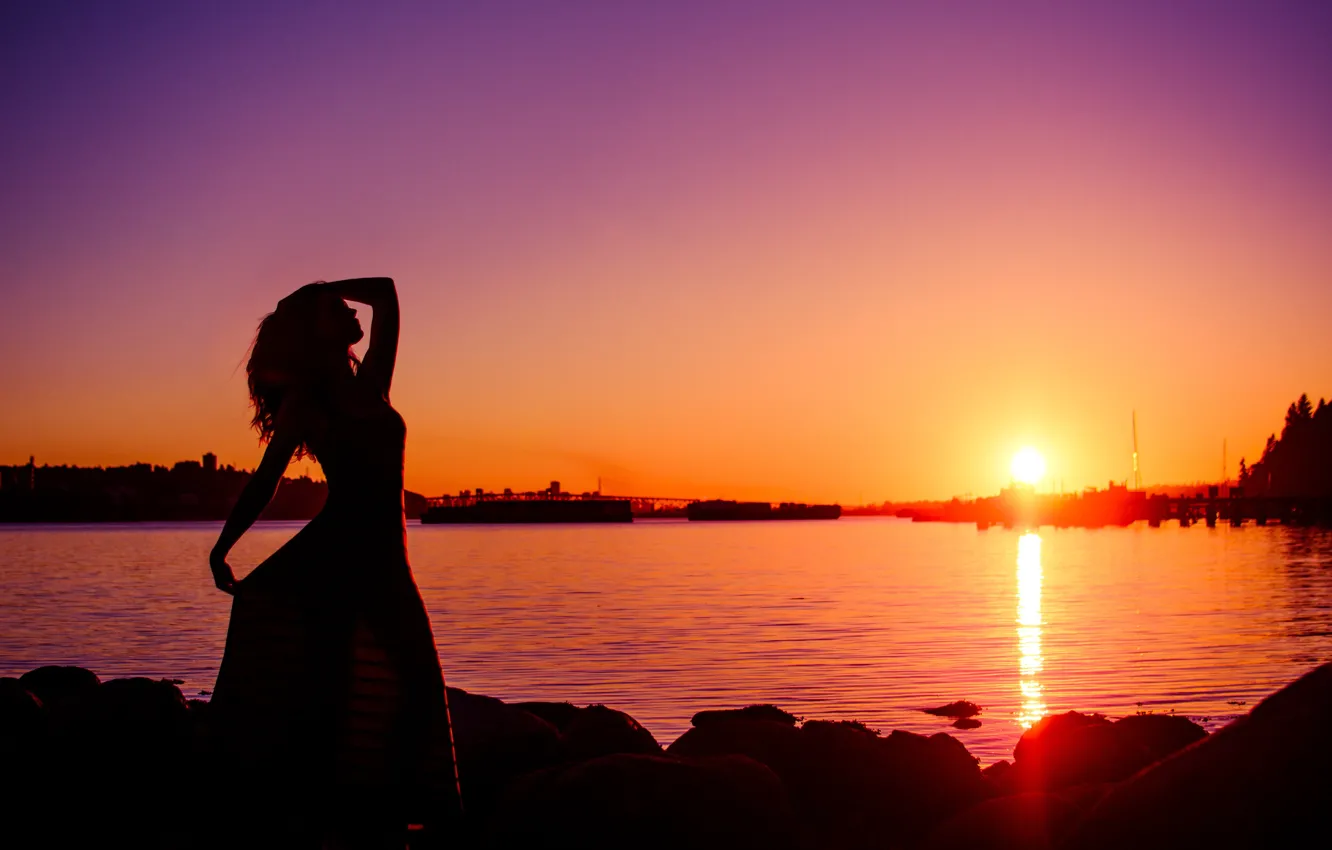 Photo wallpaper girl, the sun, sunset, the city, river, silhouette