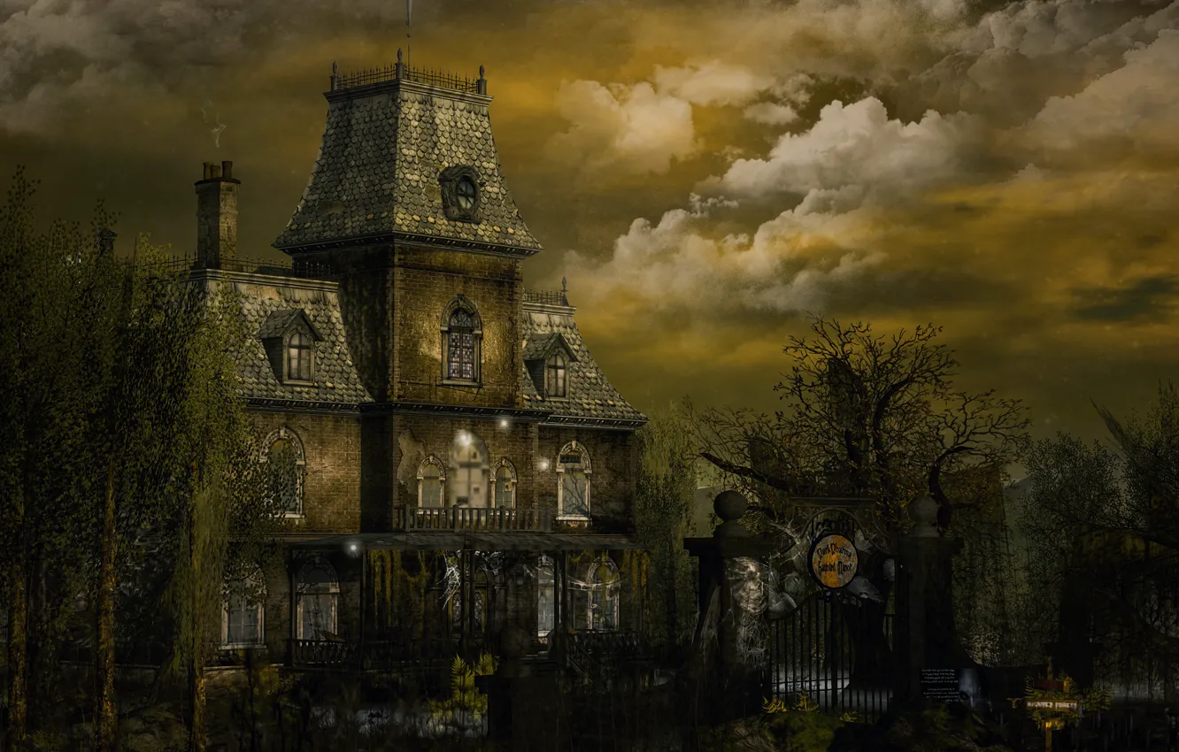 Photo wallpaper the sky, clouds, trees, landscape, clouds, nature, rendering, castle