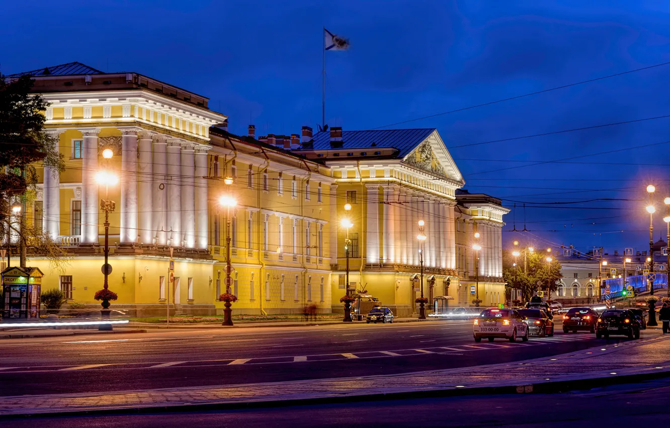 Photo wallpaper road, machine, night, lights, movement, street, building, lights