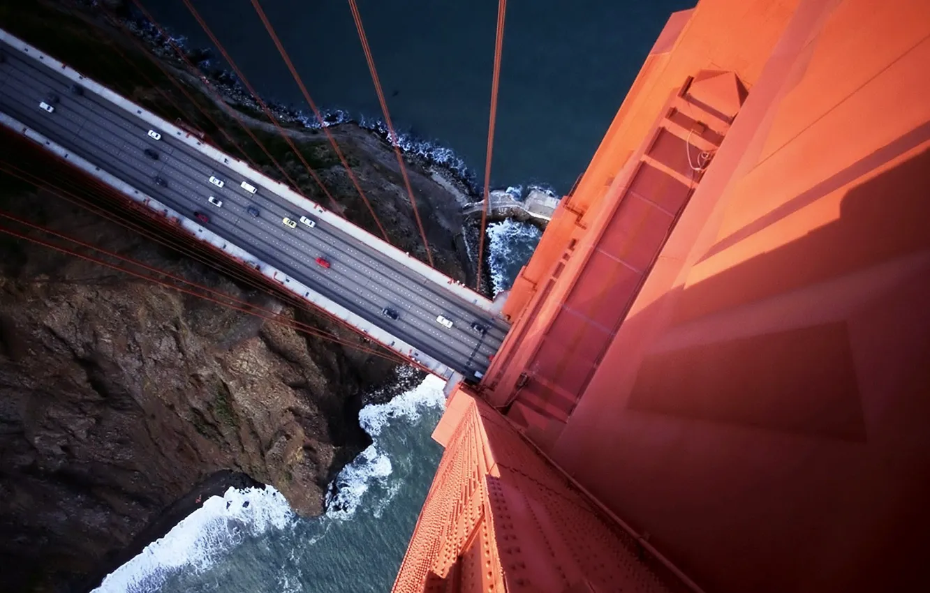 Photo wallpaper wave, machine, bridge, movement, rocks, coast, column, San Francisco