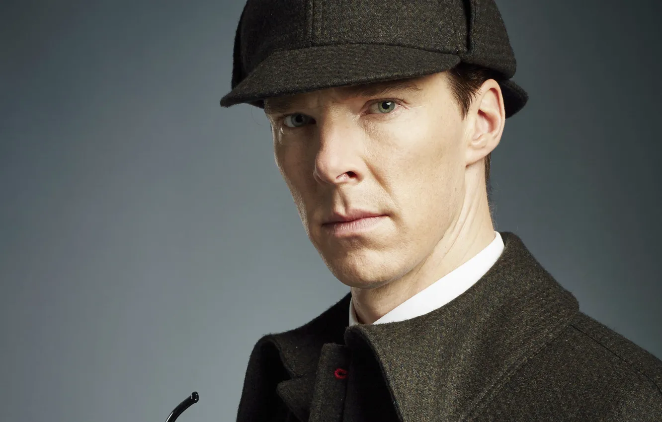 Photo wallpaper hat, tube, grey background, Sherlock Holmes, Benedict Cumberbatch, Benedict Cumberbatch, Sherlock, Sherlock BBC