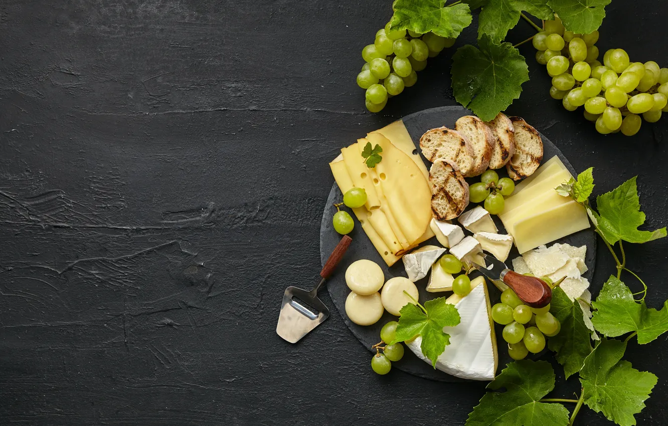Photo wallpaper leaves, green, the dark background, food, cheese, bread, grapes, plug