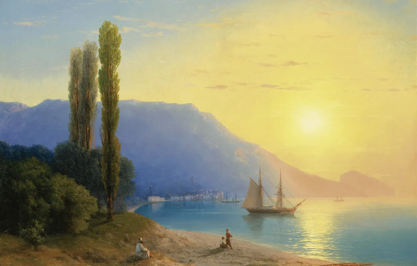 Photo wallpaper sea, landscape, mountains, ship, picture, sail, 1861, Ivan Aivazovsky
