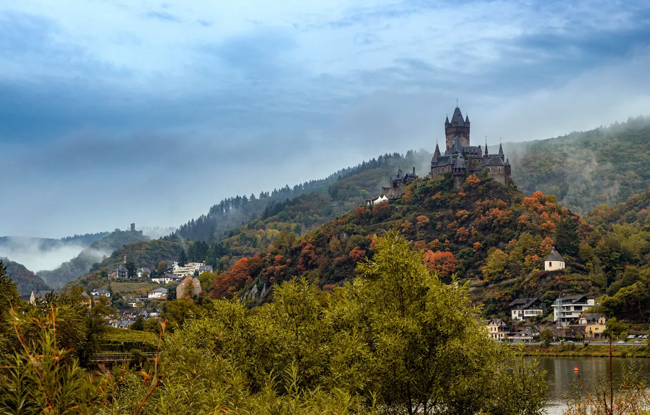 Photo wallpaper autumn, castle, hills, settlement, hill