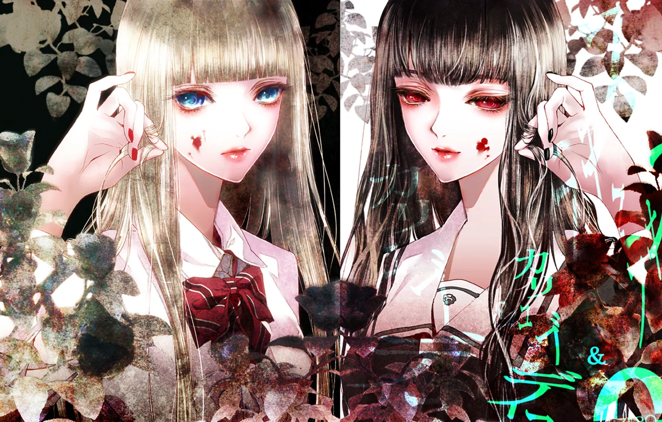 Photo wallpaper leaves, girls, the inscription, blood, plants, form, blue eyes, bow
