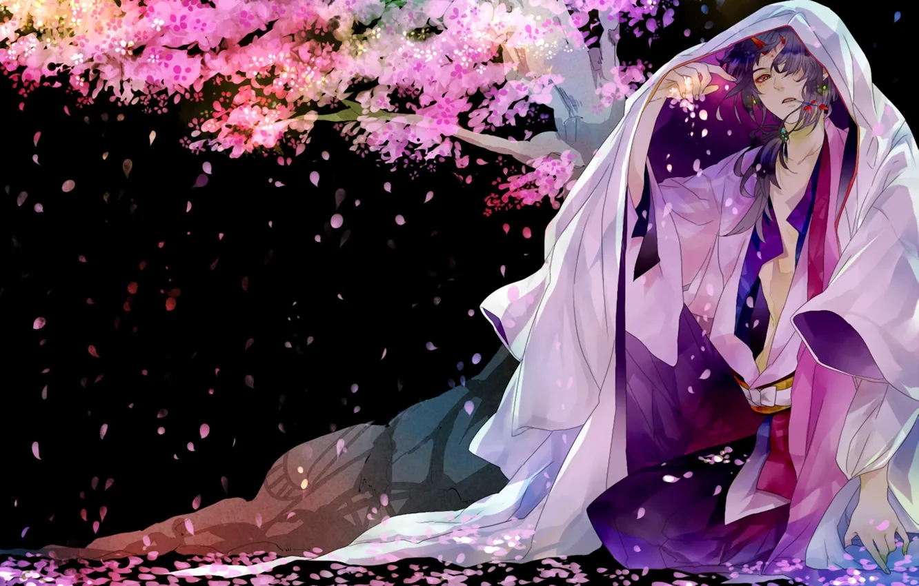 Photo wallpaper figure, petals, Sakura, the demon, art, hood, guy, horn
