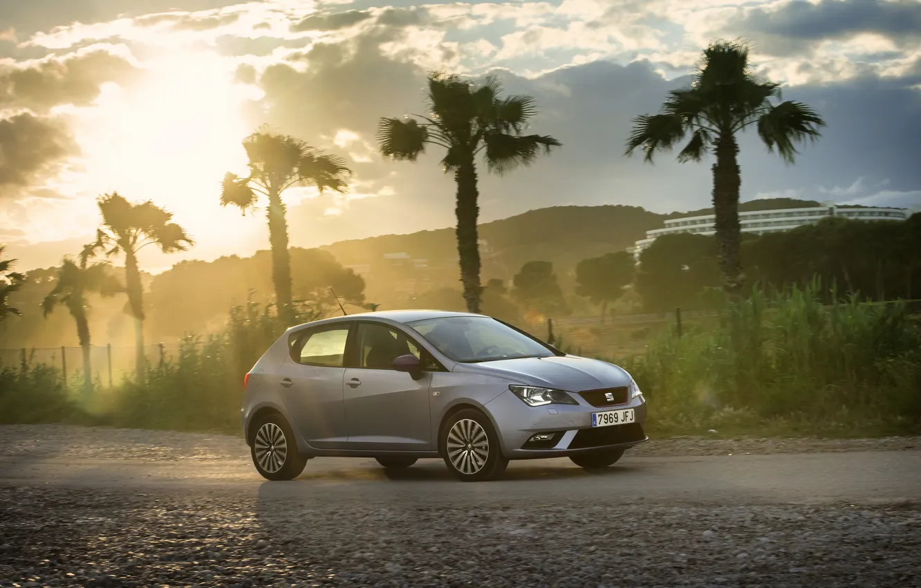 Photo wallpaper road, the sun, sunset, palm trees, the evening, Ibiza, seat, Ibiza