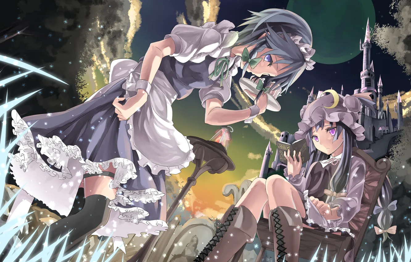 Photo wallpaper girl, sunset, castle, the moon, a month, art, book, cap