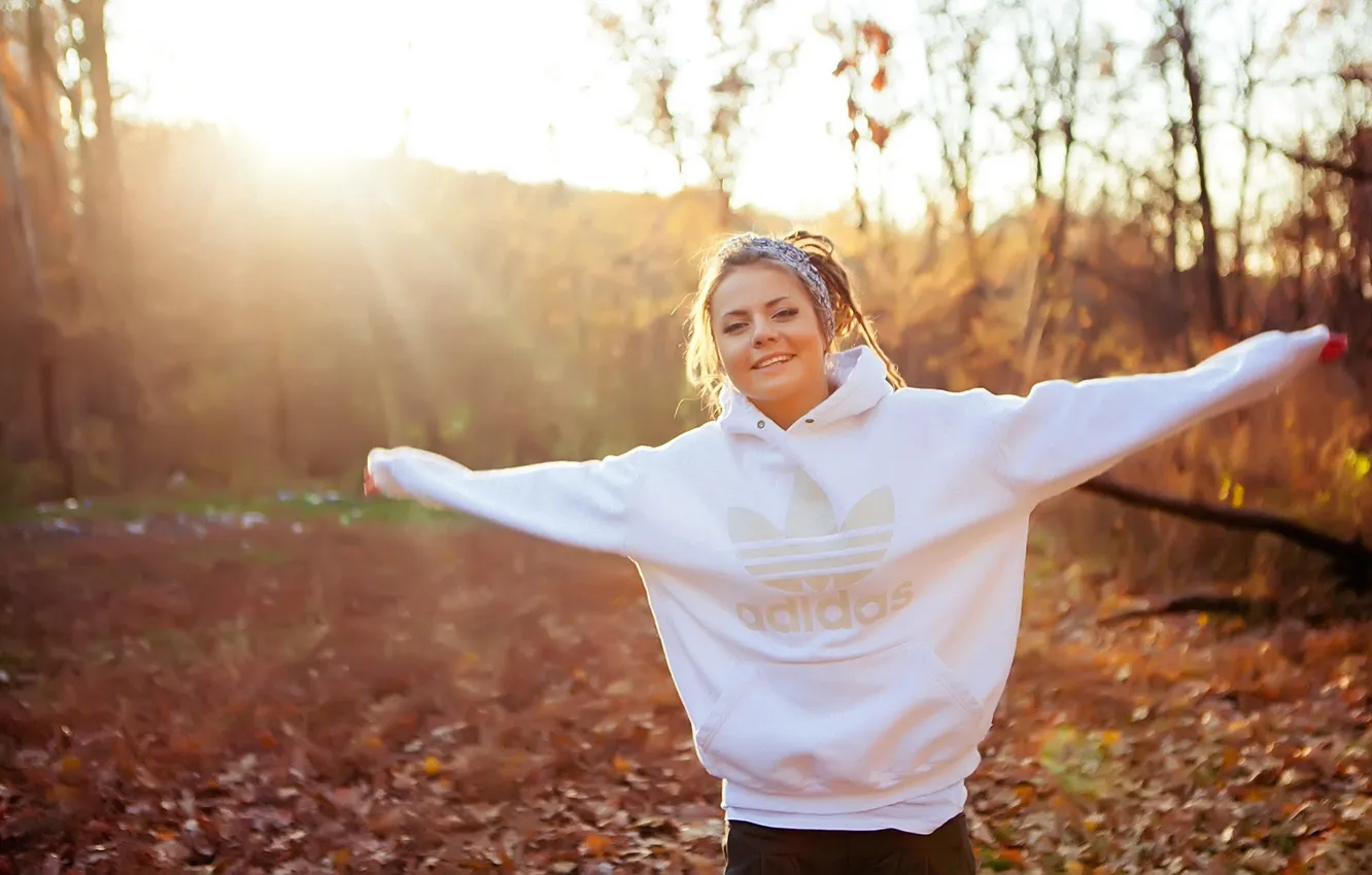 Photo wallpaper white, girl, the sun, joy, nature, smile, jacket