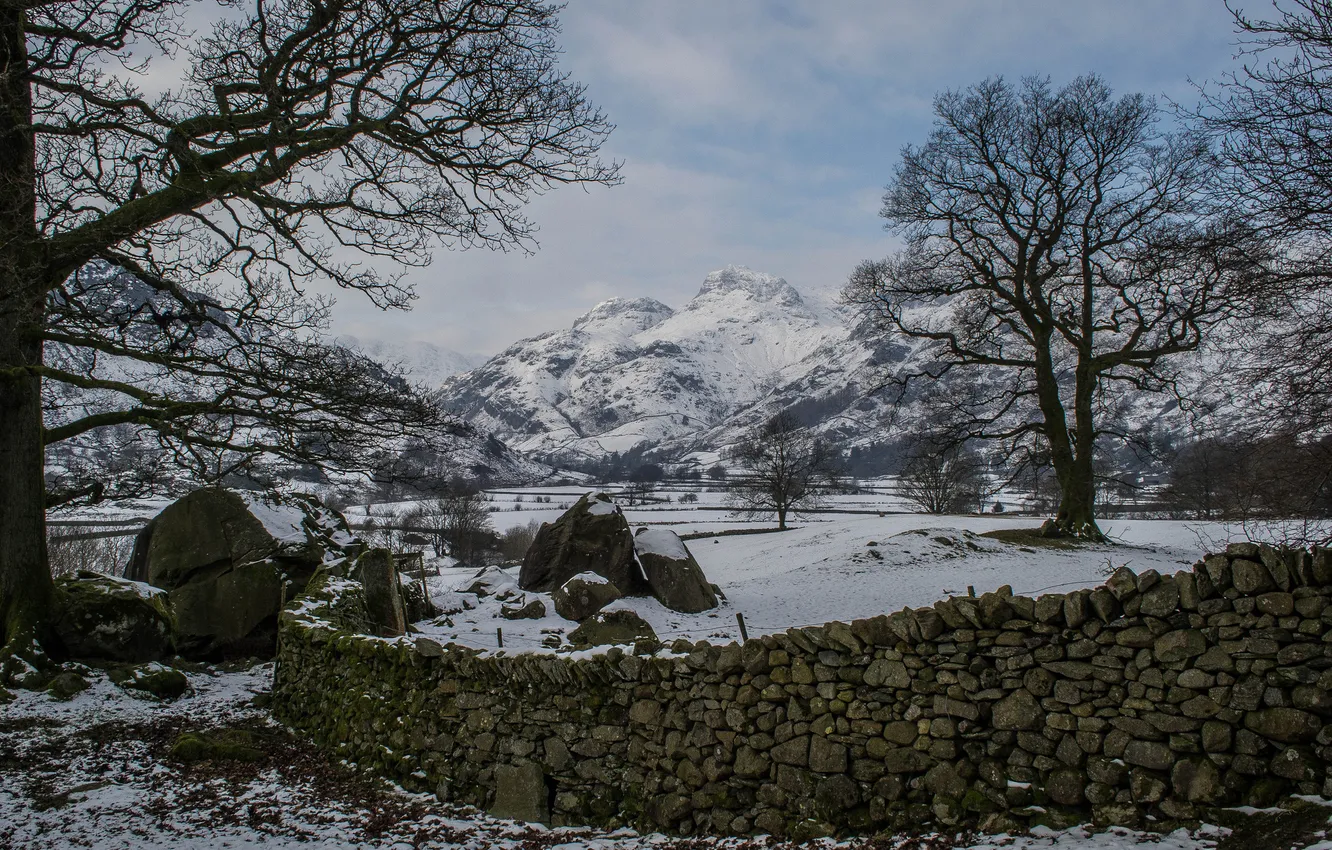 Photo wallpaper winter, the sky, snow, trees, mountains, stones, the fence