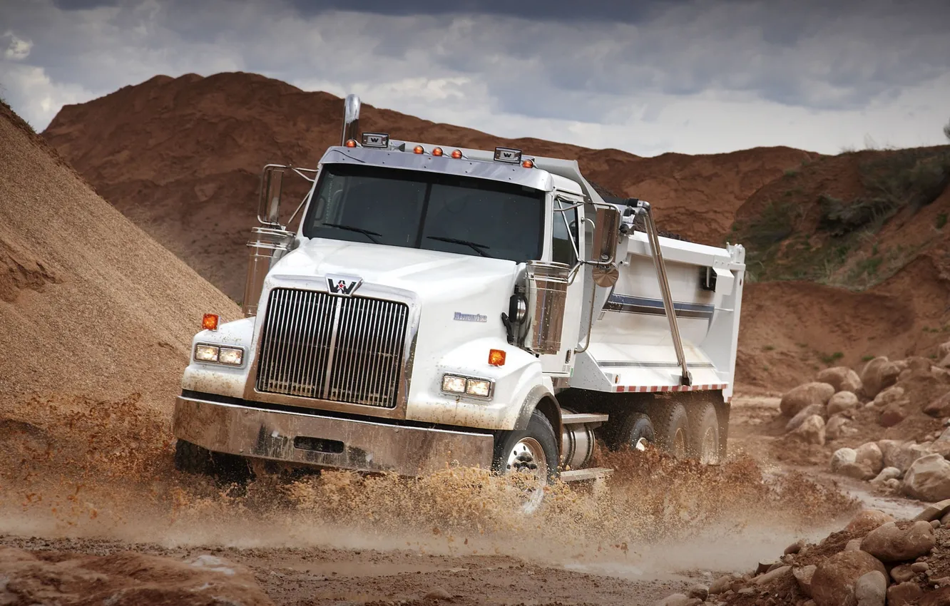 Photo wallpaper white, puddle, dirt, Truck, quarry, dump truck, quarry, Western old