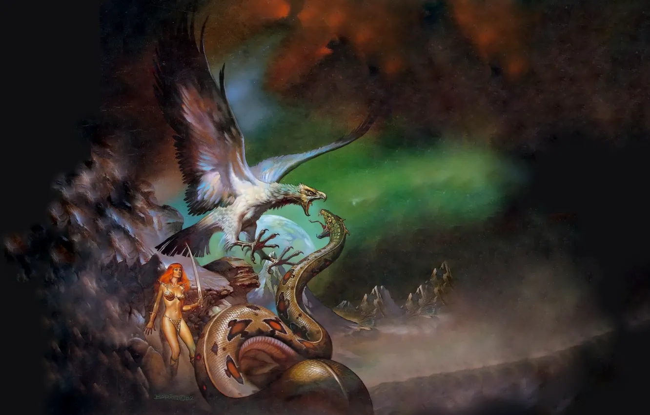 Photo wallpaper snake, barebikini, Red Sonja, Red Sonja, Boris Vallejo, Boris Vallejo, White Eagle