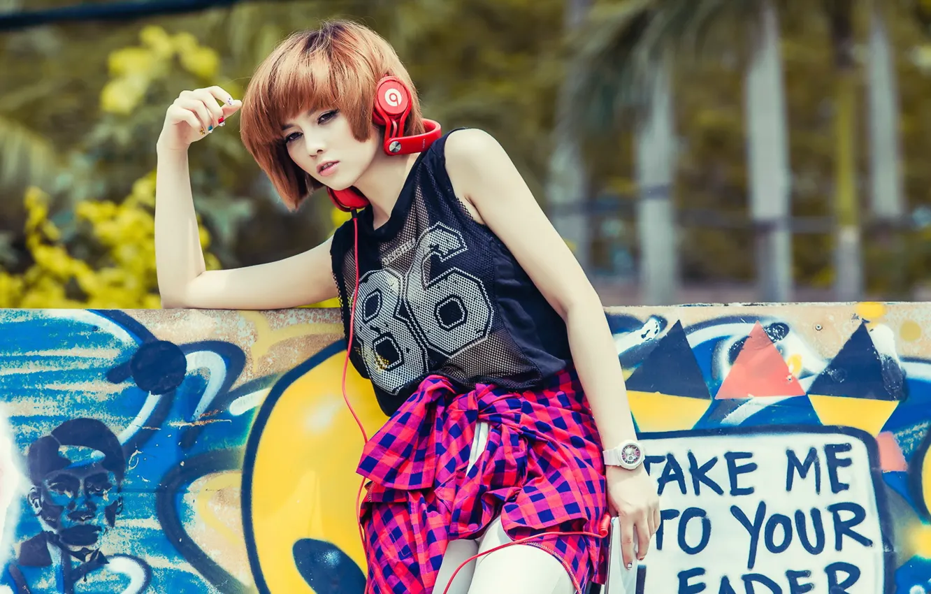 Photo wallpaper girl, music, headphones, Asian