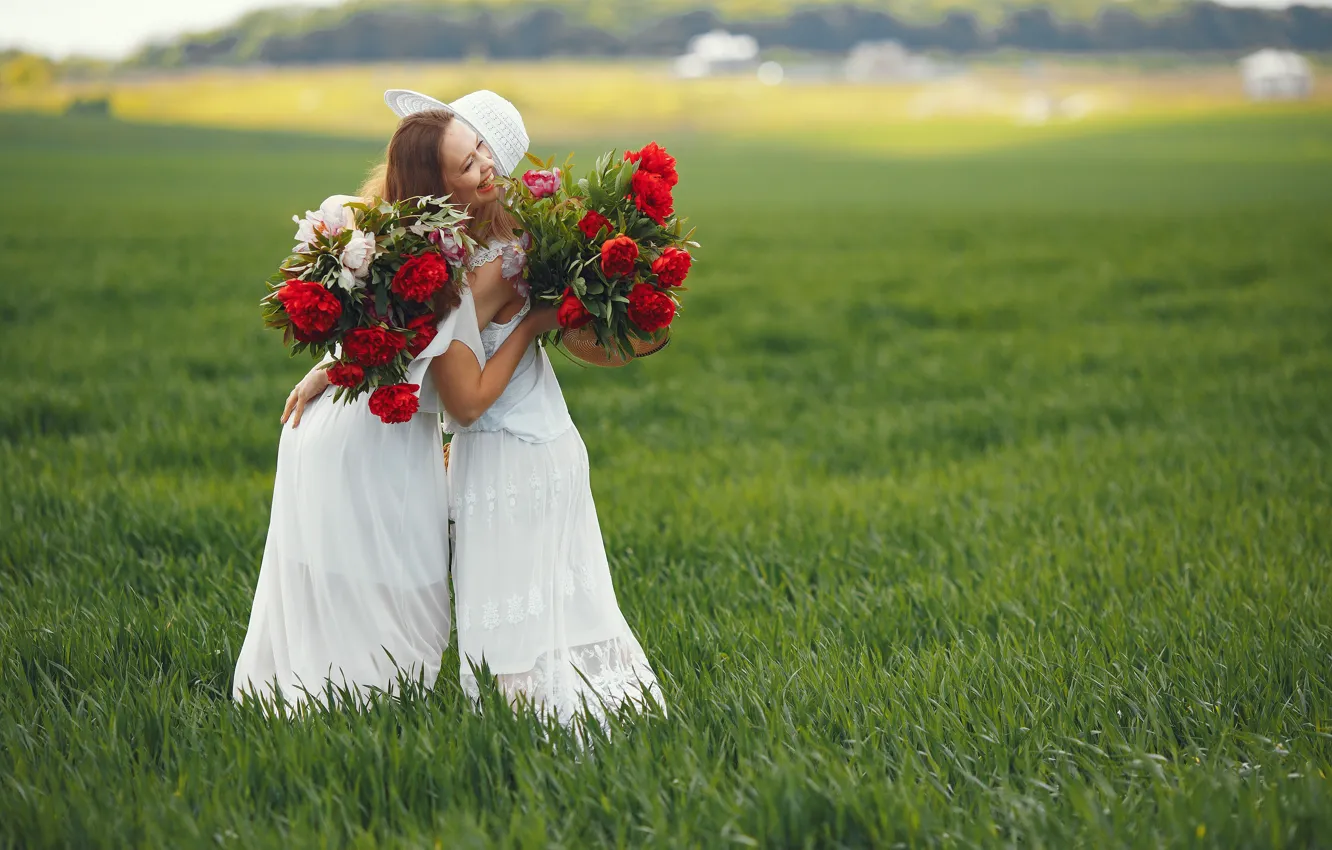 Wallpaper field, women, girl, flowers, girls, woman, bouquet for mobile ...