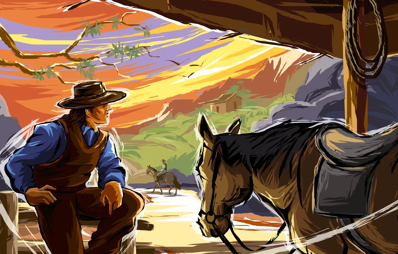 Photo wallpaper mountains, horse, figure, vector, cowboy, wild West