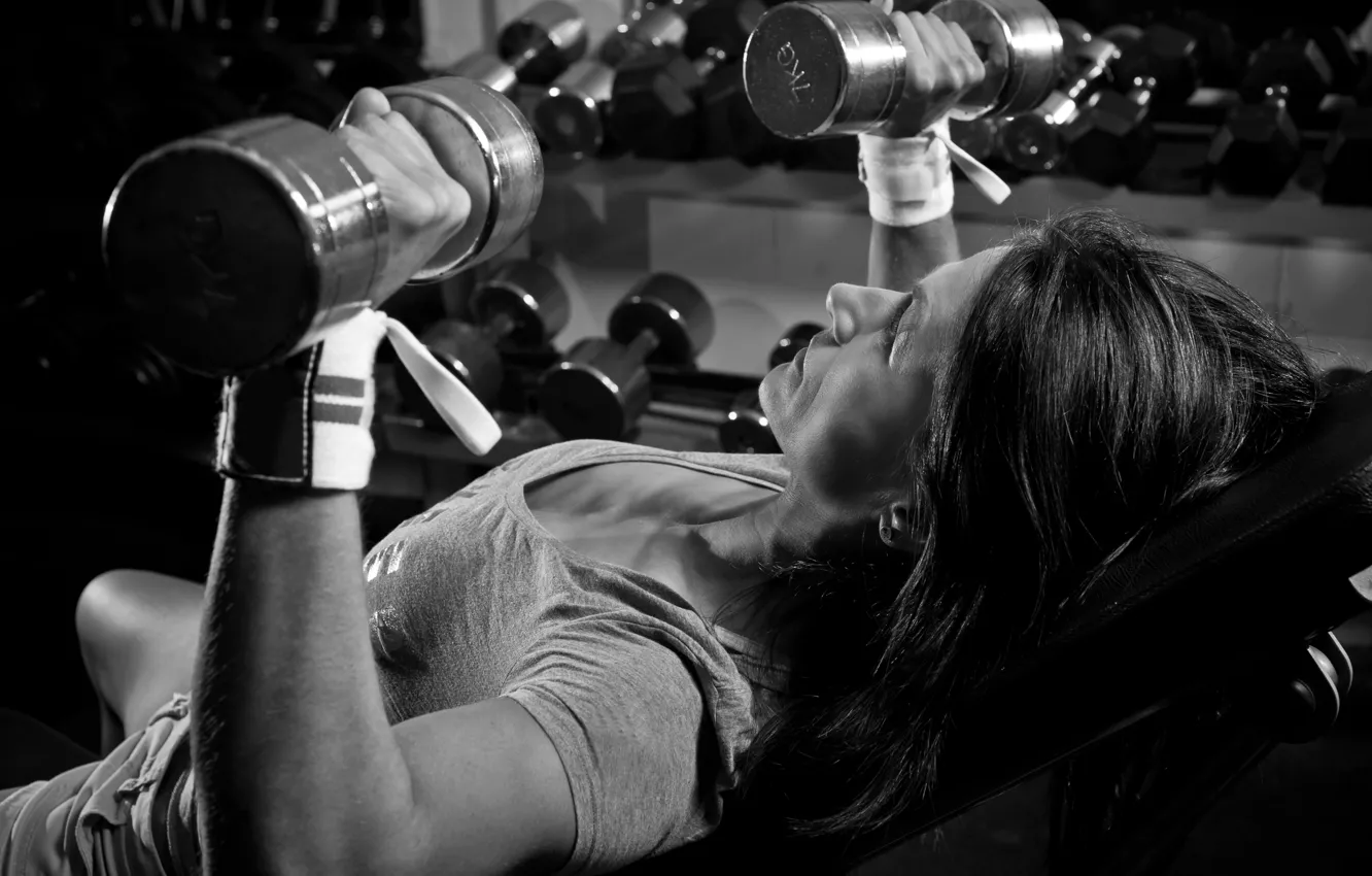 Photo wallpaper woman, chest, fitness, weight, dumbbells