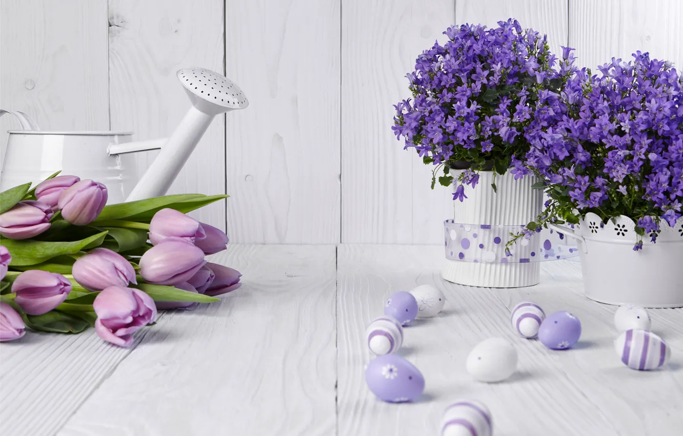 Photo wallpaper eggs, Easter, tulips, flowers, lavender, spring, Easter, eggs