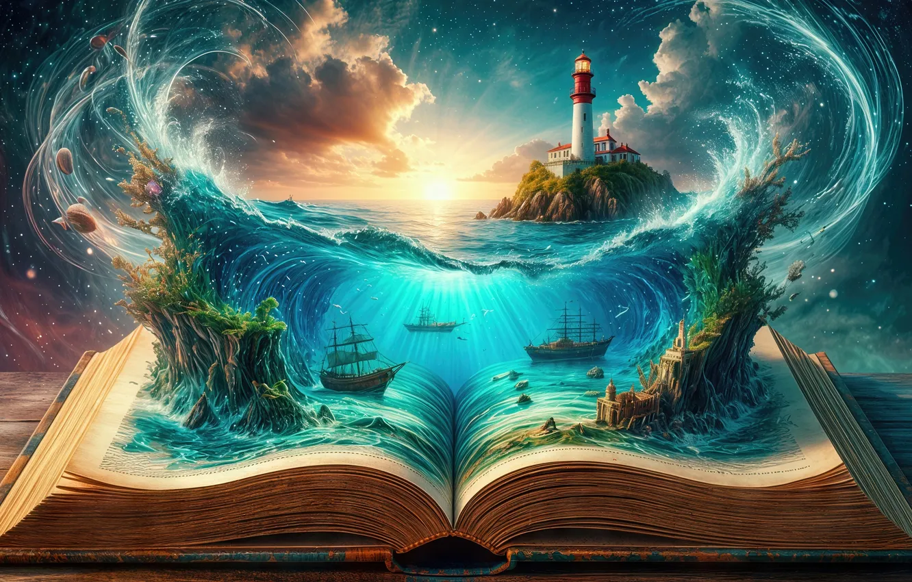 Photo wallpaper neural network, sea, fantasy, AI art, lighthouse, book