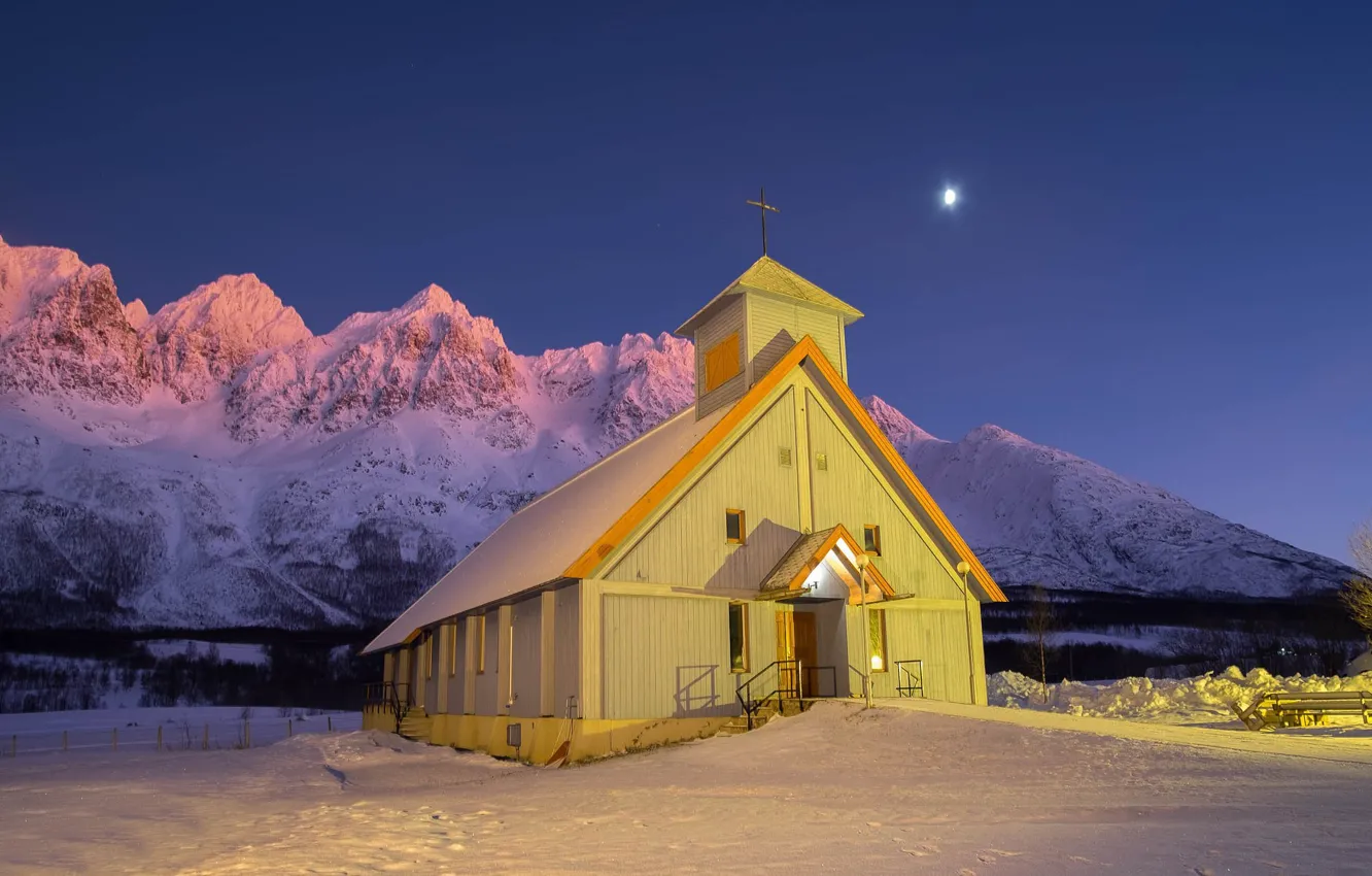 Photo wallpaper winter, night, Norway, Church, Norway, Troms County, Lakselvbukt, Tromso Kommune