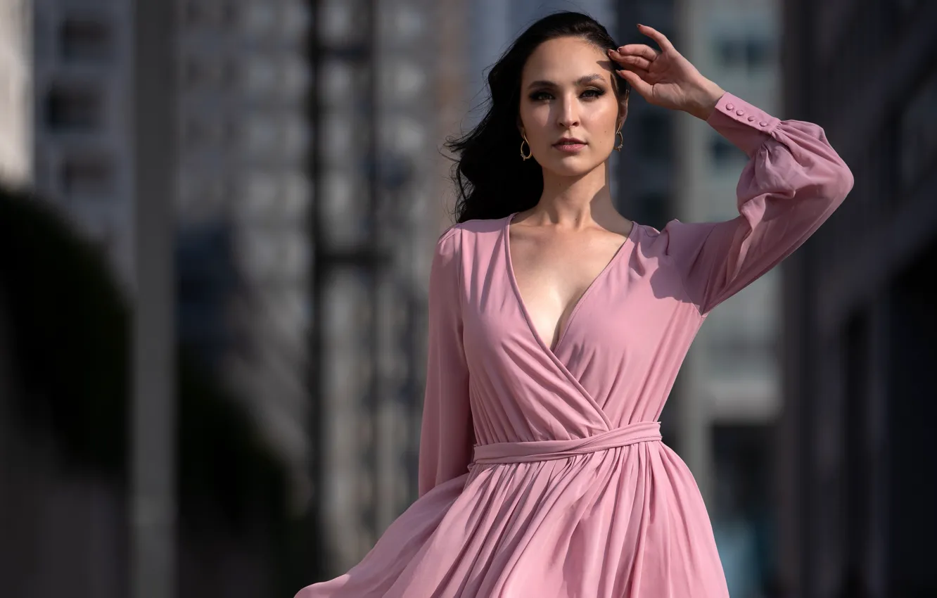 Photo wallpaper look, the sun, pose, background, model, portrait, makeup, dress