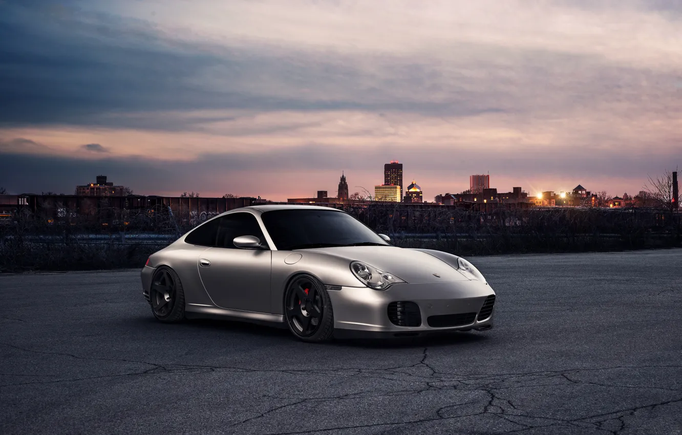 Photo wallpaper sunset, the city, 911, Porsche, horizon, front, silvery