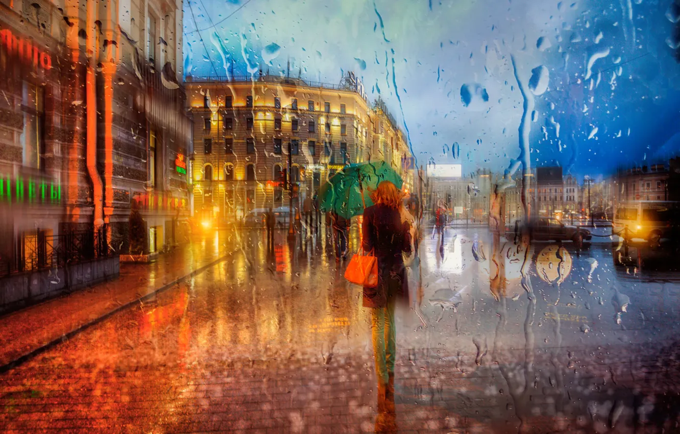 Photo wallpaper girl, rain, umbrella, Saint Petersburg