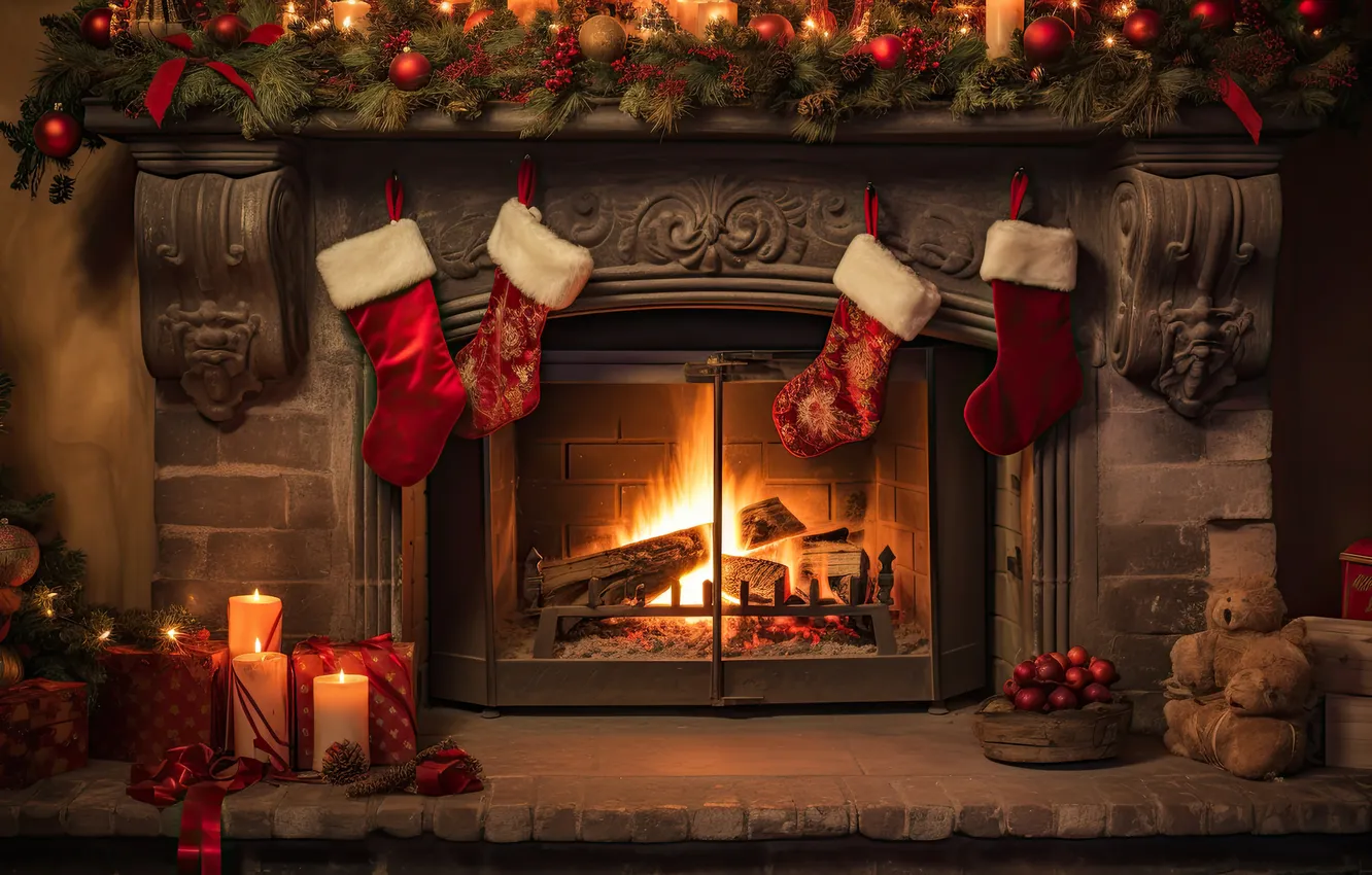 Photo wallpaper decoration, room, tree, interior, Christmas, gifts, New year, fireplace