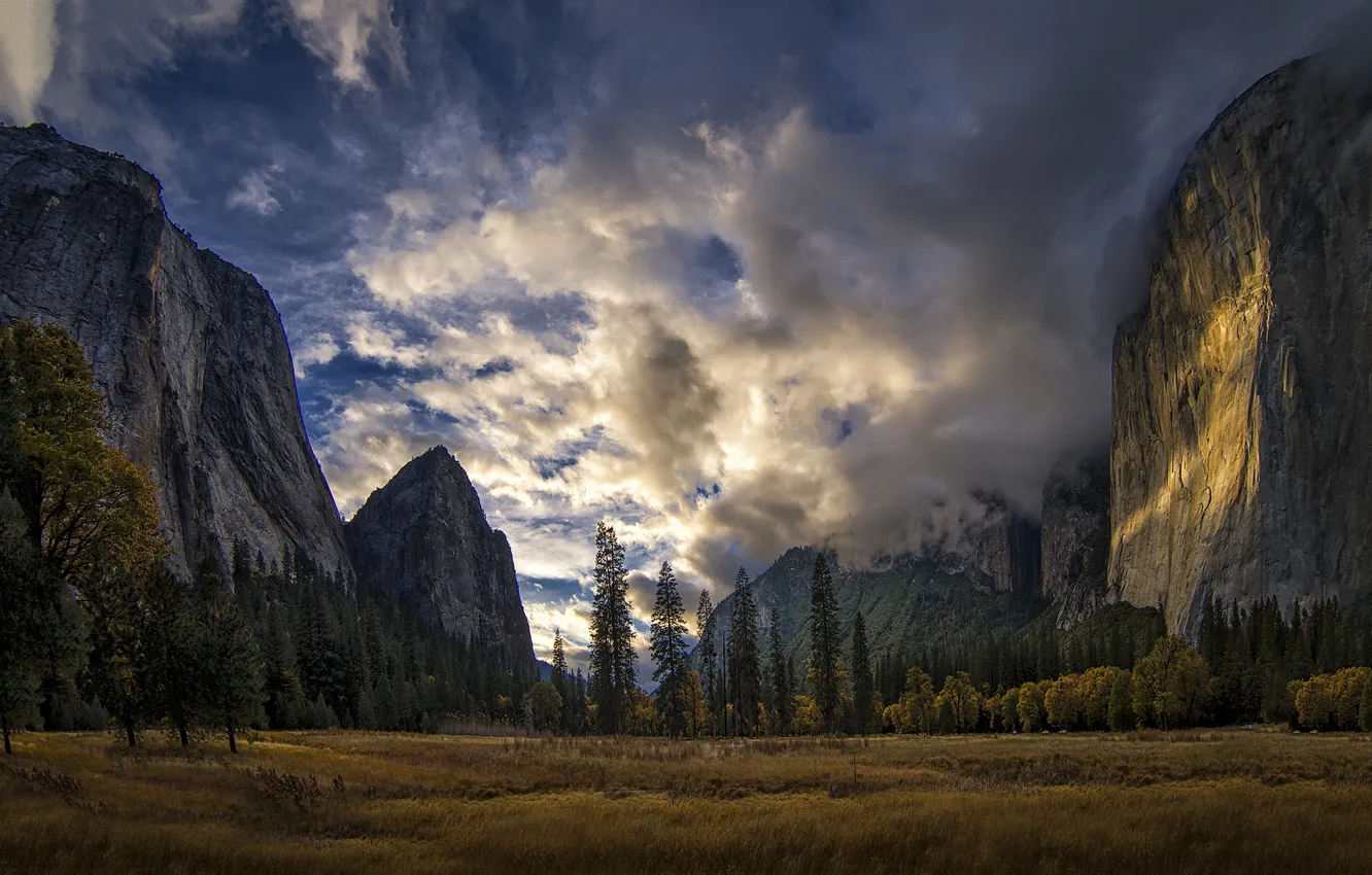 Photo wallpaper autumn, the sky, clouds, trees, mountains, rocks, USA, Yosemite National Park