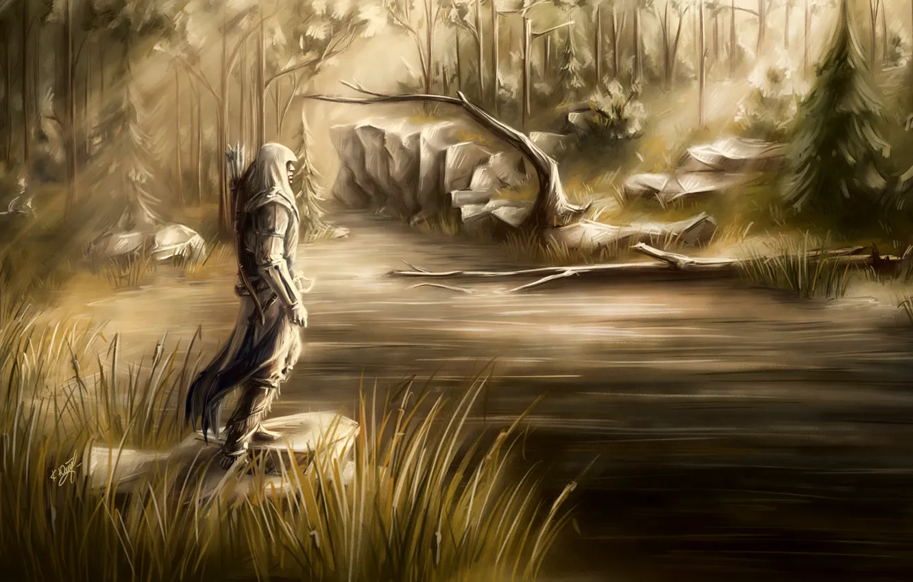 Photo wallpaper forest, stream, art, the sun's rays, Assassin's Creed 3, Connor Kenway