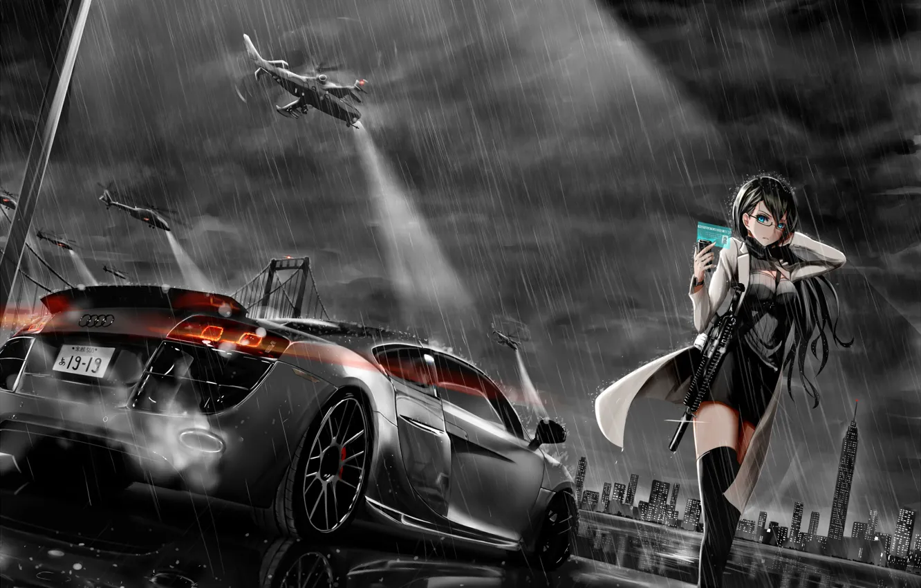 Photo wallpaper machine, the sky, girl, clouds, rain, audi, helicopters, anime