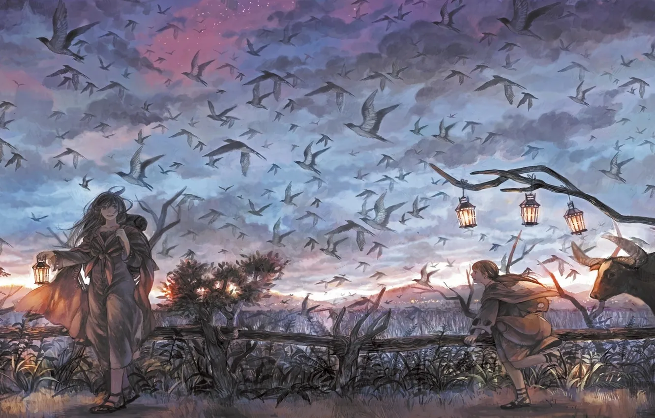 Photo wallpaper bird, the evening, anime, flashlight