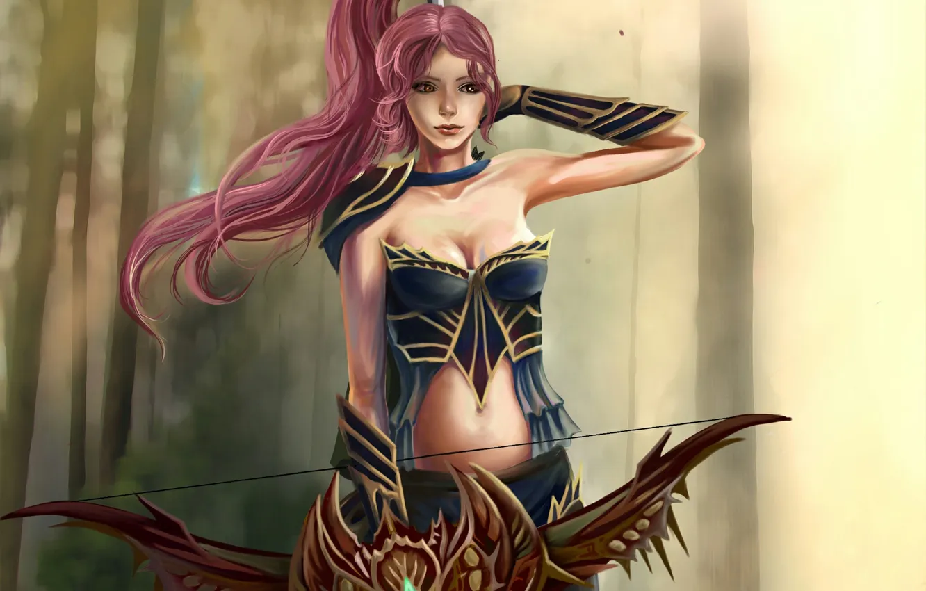 Photo wallpaper forest, girl, trees, bow, trunk