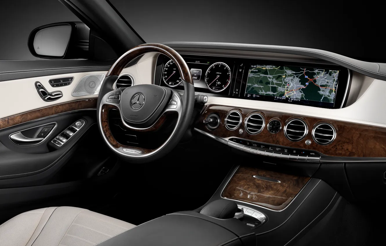 Photo wallpaper Leather, Mercedes, The wheel, Interior, S-class, The flagship, Luxury