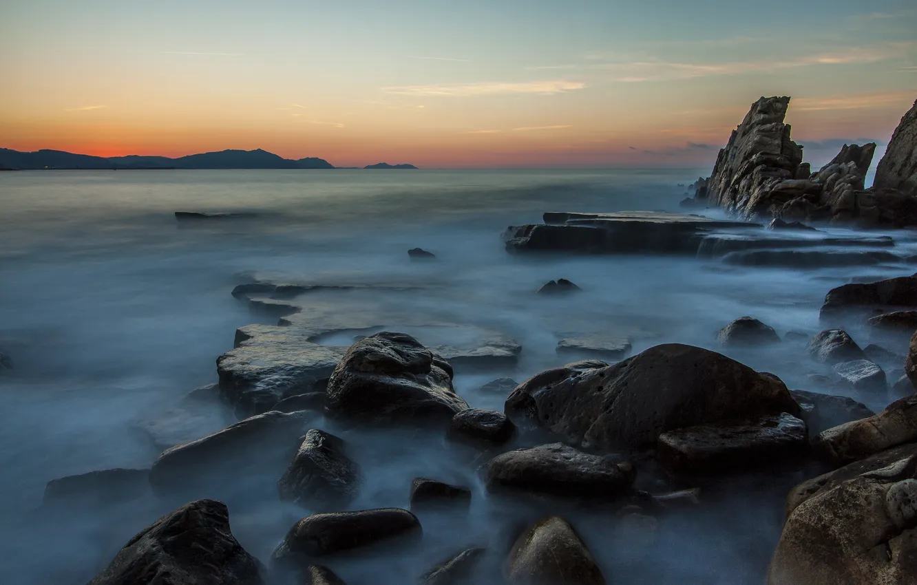 Photo wallpaper sea, the sky, clouds, sunset, mountains, stones, rocks, the evening