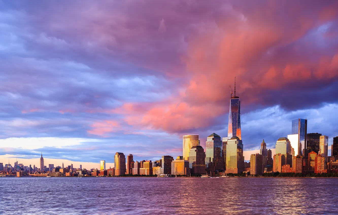 Photo wallpaper clouds, sunset, home, New York, skyscrapers