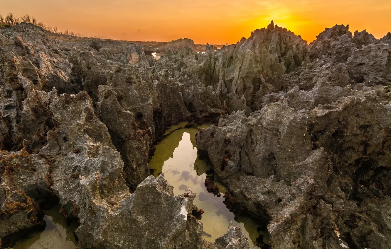 Photo wallpaper landscape, sunset, rocks, shore