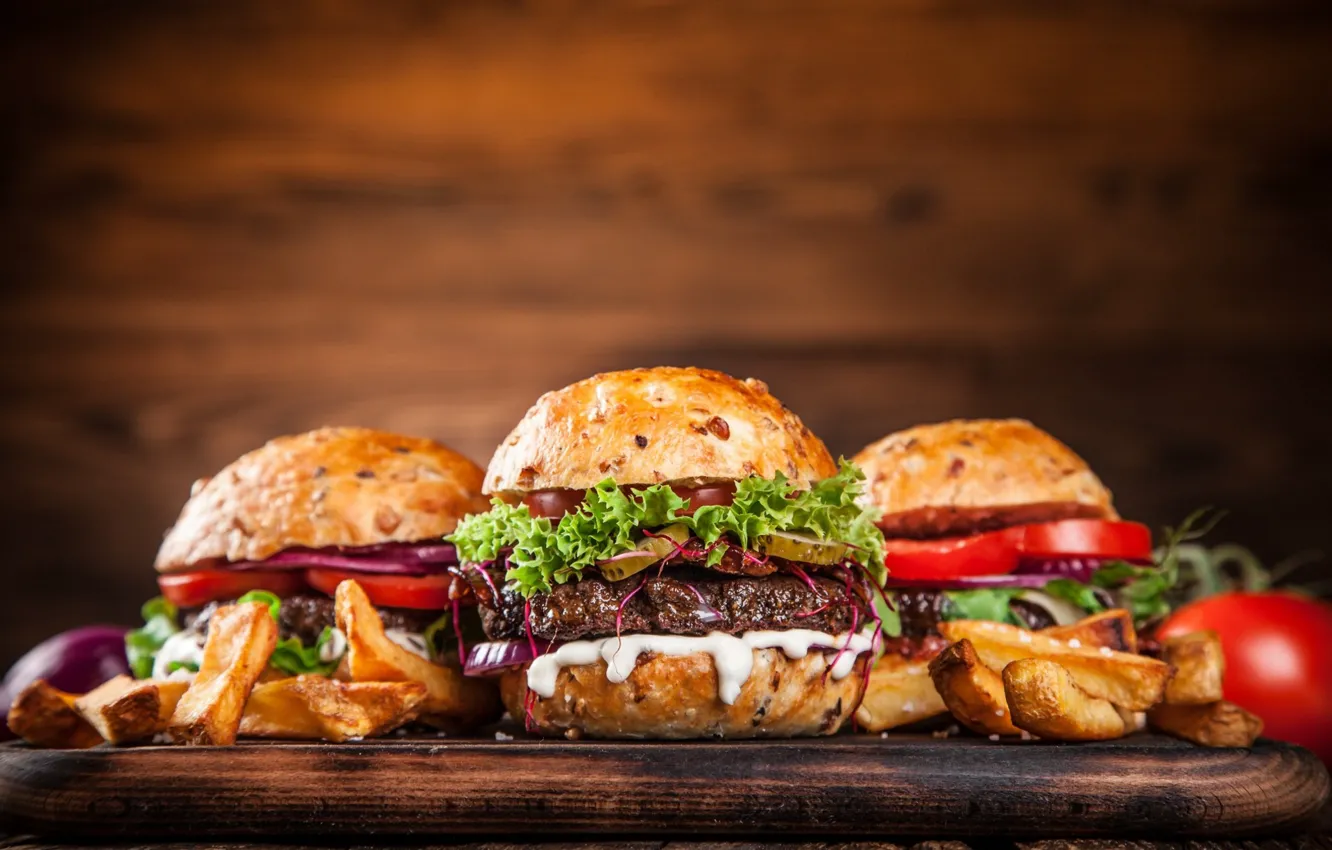 Photo wallpaper meat, vegetables, buns, Burger