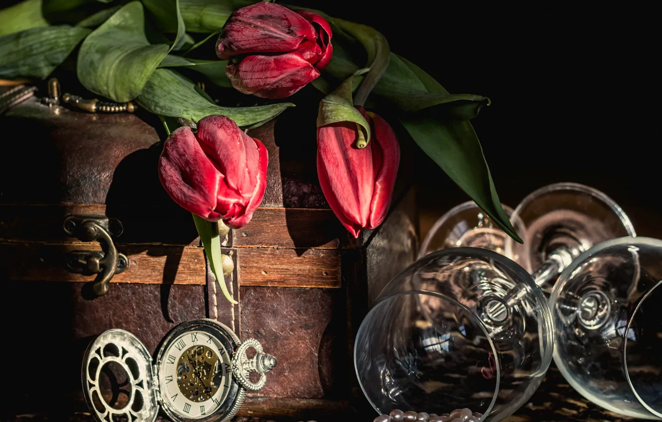 Photo wallpaper flowers, style, watch, necklace, glasses, tulips, still life, chest