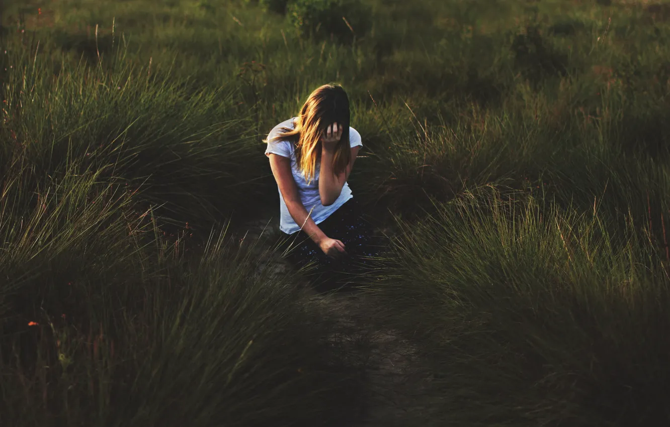 Photo wallpaper grass, girl, loneliness, sunlight