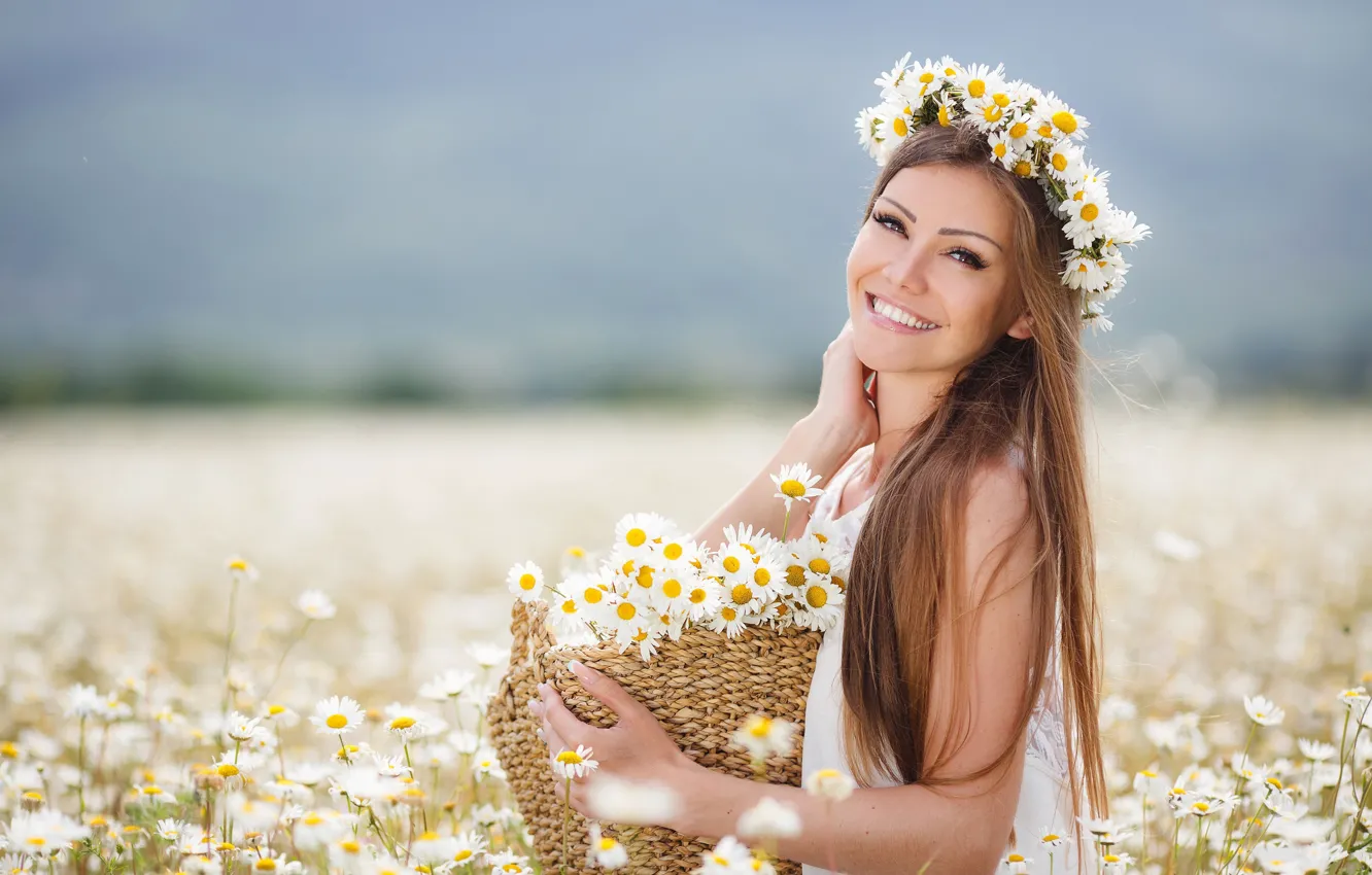 Photo wallpaper field, girl, flowers, basket, chamomile, girl, brown hair, brown hair