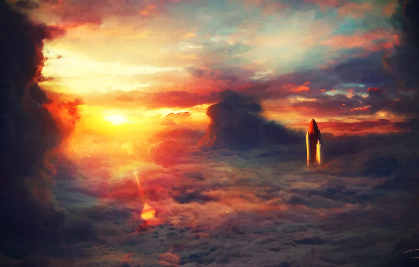 Photo wallpaper Sunset, The sky, Clouds, Figure, Rocket, Clouds, Art, Art