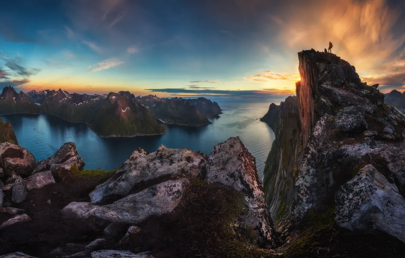 Photo wallpaper mountains, rocks, people, dog, Norway, the fjord, The Lofoten Islands