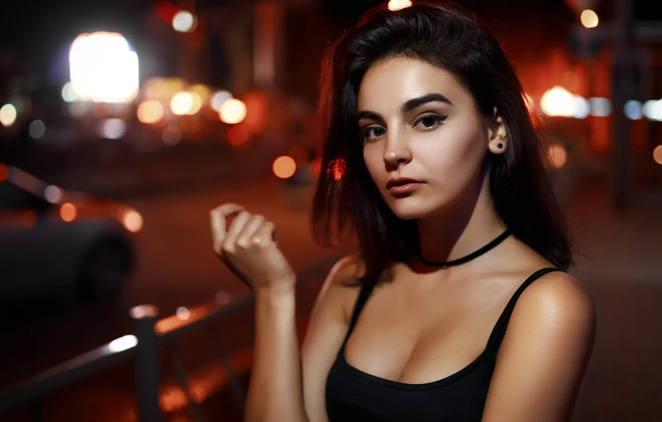 Photo wallpaper look, night, lights, pose, background, model, portrait, makeup