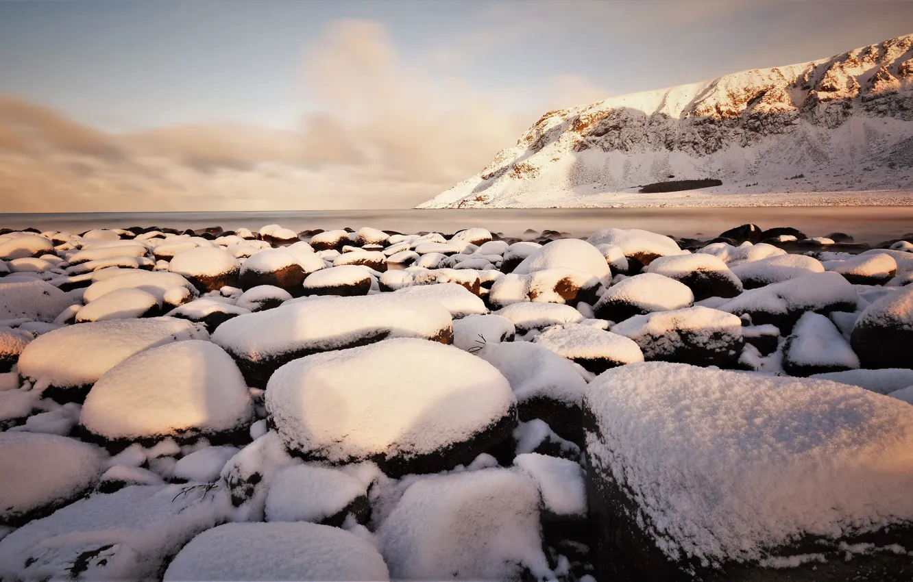 Photo wallpaper winter, snow, mountains, stones, shore, Norway, pond