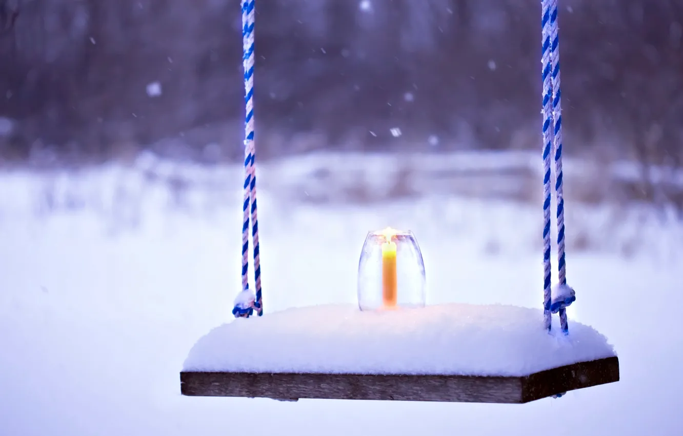 Photo wallpaper cold, winter, snow, bench, background, Wallpaper, mood, candle
