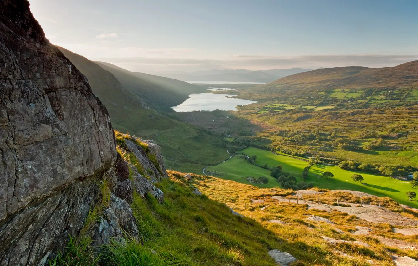 Photo wallpaper the sky, mountains, lake, rocks, valley, haze