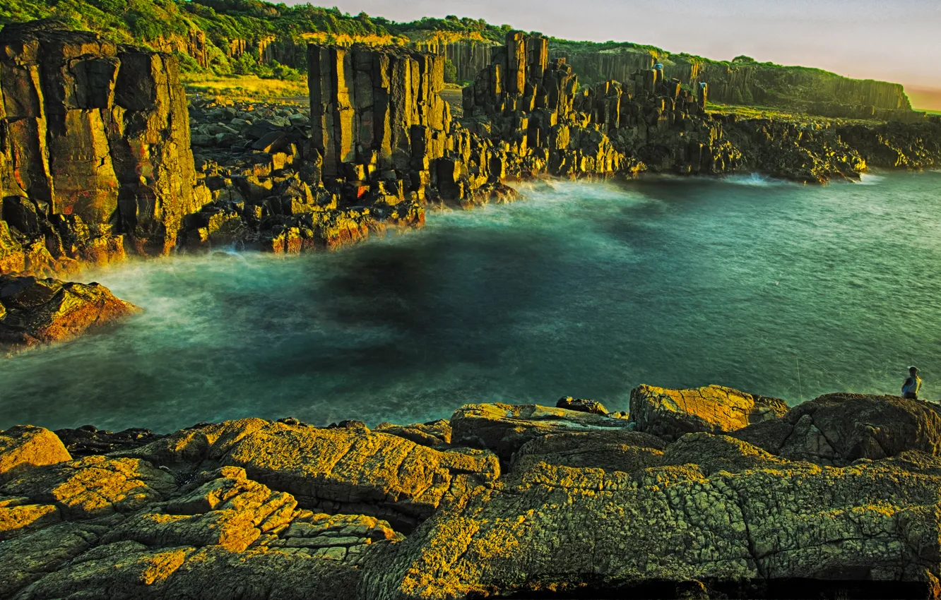 Photo wallpaper sea, the sky, stones, rocks, fisherman