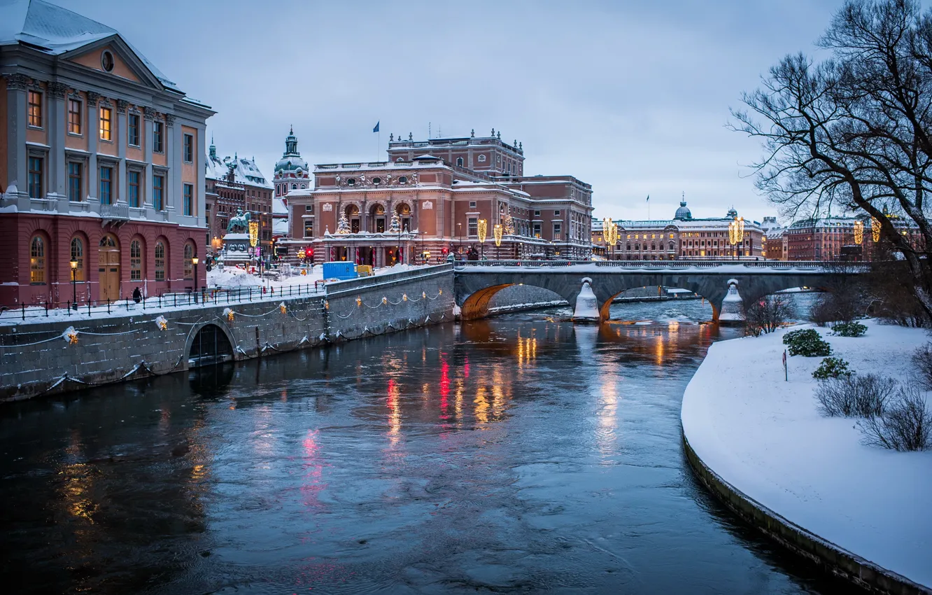 Photo wallpaper winter, bridge, the city, river, photo, Sweden, water channel, Stockholm
