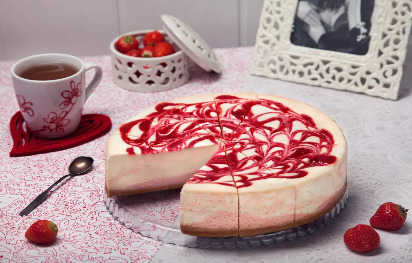 Photo wallpaper tea, strawberry, cake, jam, cheesecake