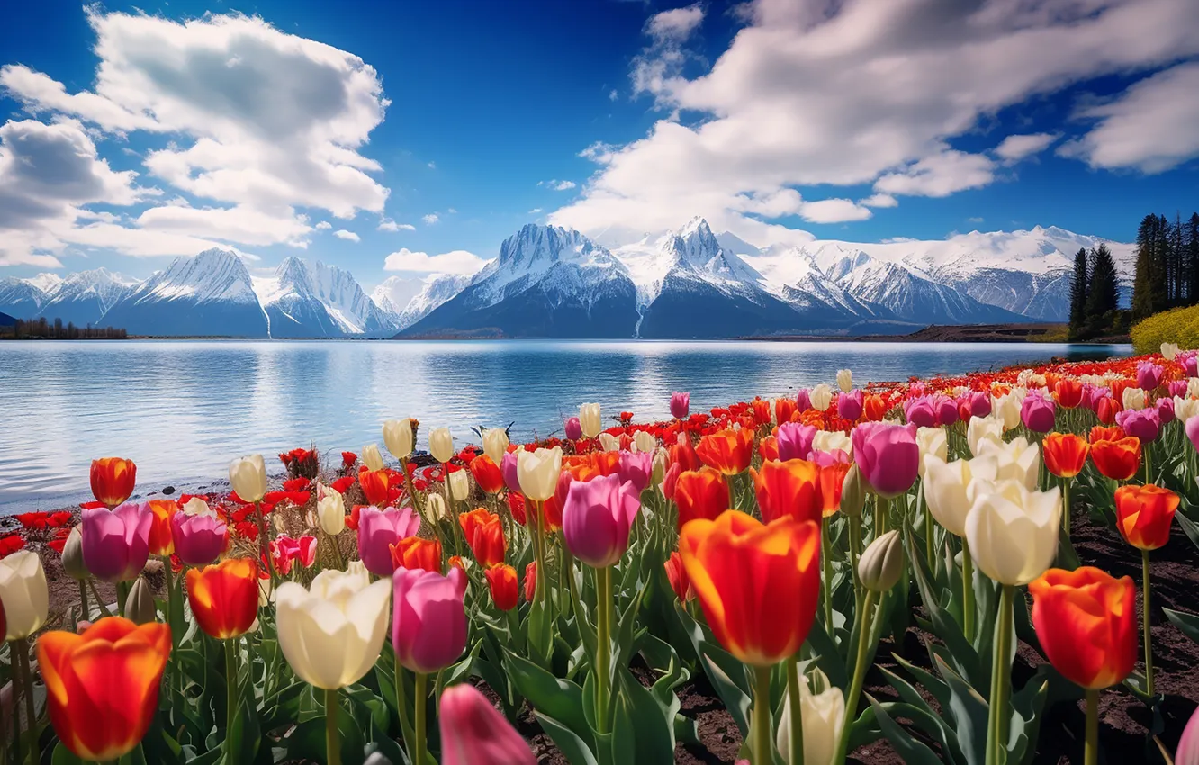Photo wallpaper flowers, spring, colorful, tulips, red, sunshine, landscape, nature